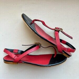 Chloe Brick Red Snakeskin Print Gold Buckle T Strap Sandals EU 37.5 US‎ 7 - 7.5